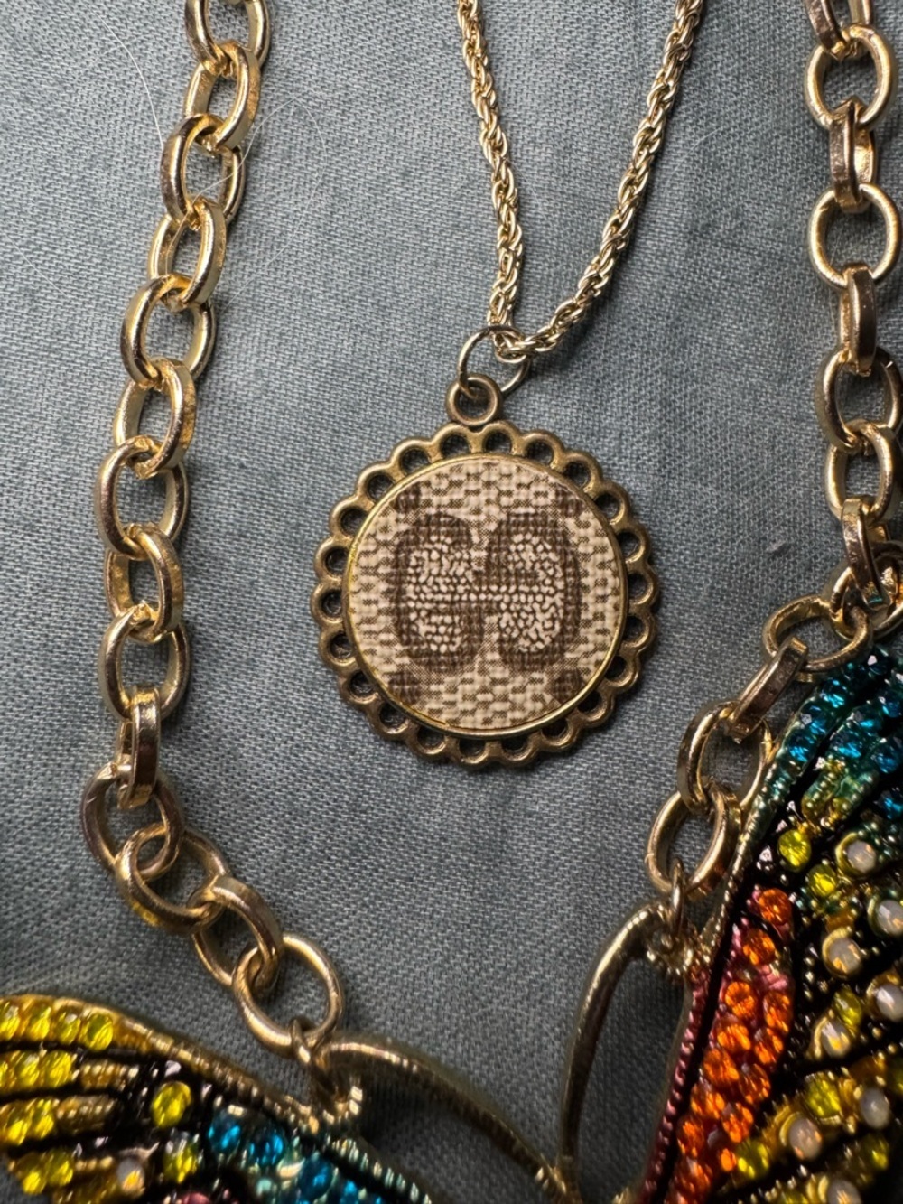 Layered Gold Necklace with Multicolor Crystal Butterfly Pendant - Picture 4 of 8